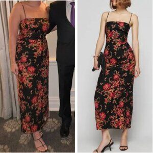 Reformation Frankie Linen Maxi Dress Sz6 Admire Black Red Floral Cocktail